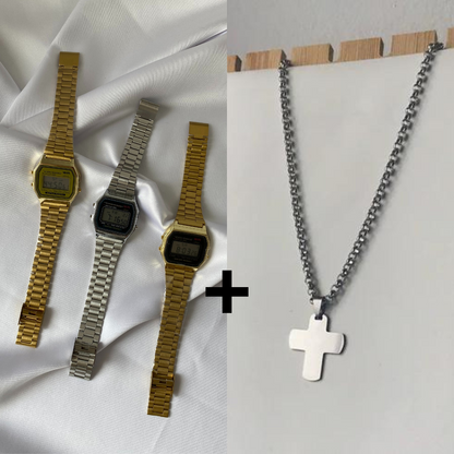 Pack relógio e colar cruz